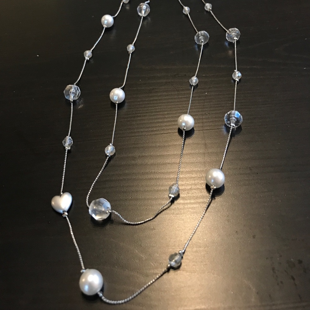 Long silver dainty necklace, clear & pearl beads